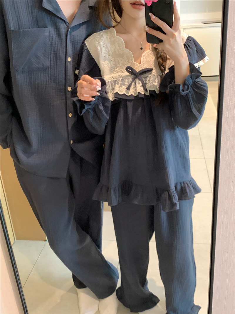 實拍韓版情侶甜美重工宮廷風軟棉親膚寬鬆舒適春秋家居服套裙