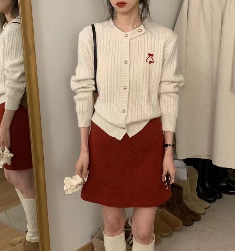 2024春秋新款韓版純色圓領蝴蝶結圖案全羊毛針織開衫外套女