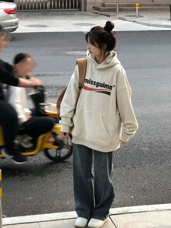 寬鬆oversize小眾設計感美式加絨加厚連帽冬季復古2023新款衛衣女