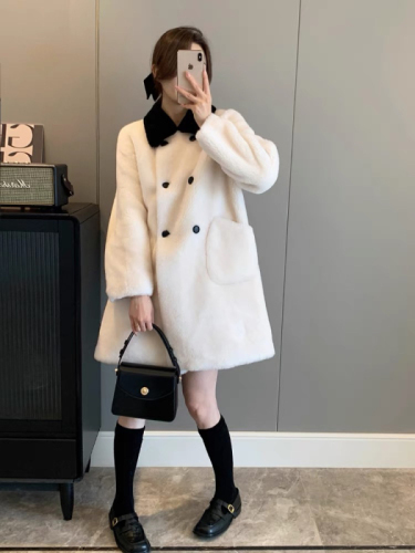 Black and white small fragrance style contrasting color coat sherpa coat women's mid-length Korean style coat versatile style