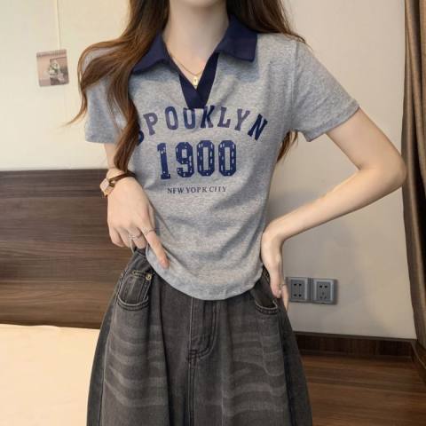 Pure Cotton Season 2023 New Letter Printed Shoulder POLO Shirt Slim V-Neck Top