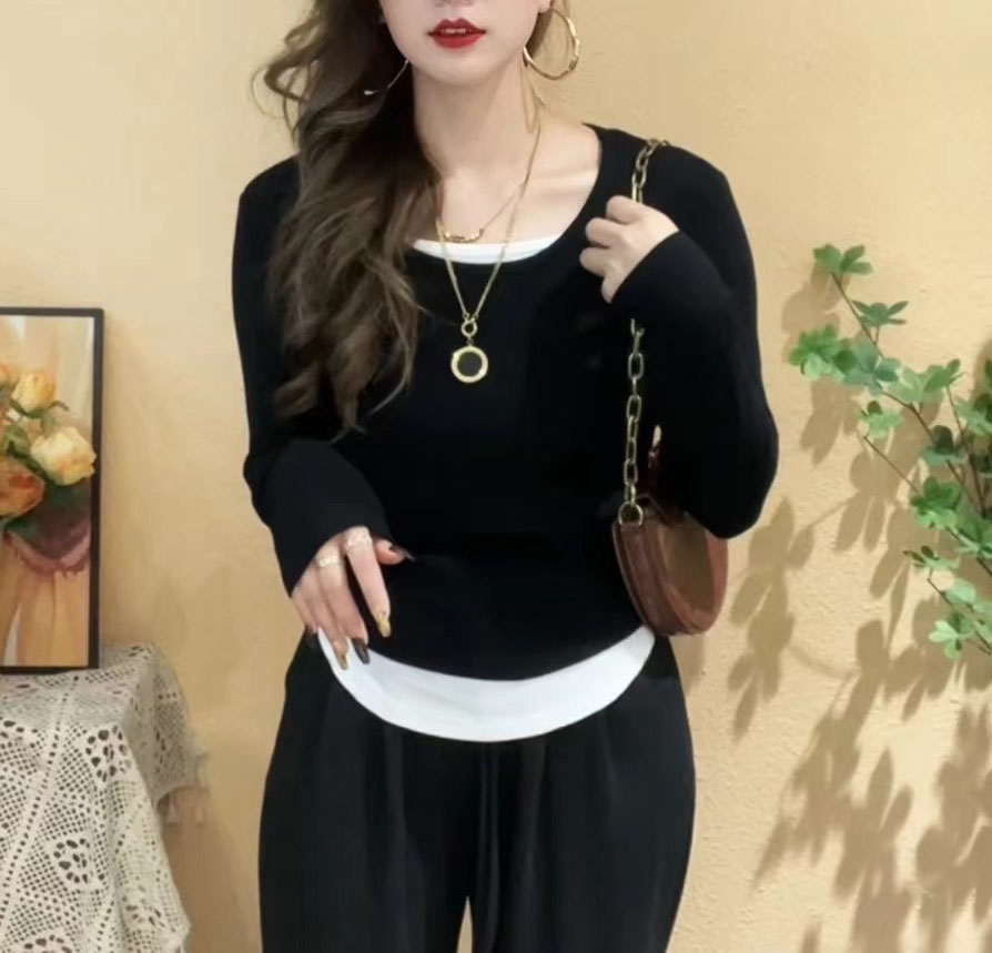 Spring and autumn holiday two-piece bottoming shirt for women, round neck long-sleeved T-shirt, contrasting color design, top design