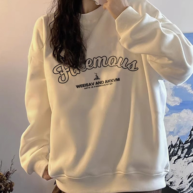 白色簡約字母印花圓領衛衣女秋季新款港味chic小眾別致長袖上衣潮