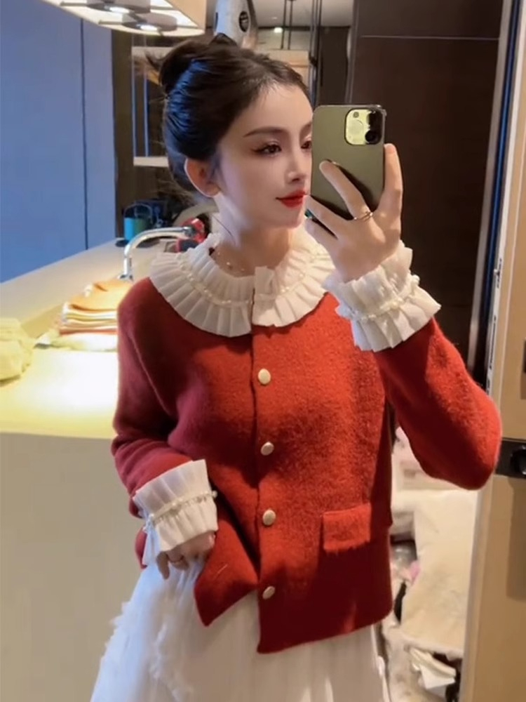 法式復古小香風拼接木耳花邊開衫長袖毛衣外套女氣質針織衫上衣冬