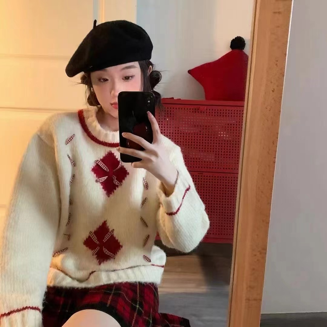 韓系小眾氛圍感秋冬新款毛衣女寬鬆圓領慵懶風套頭長袖針織衫外套