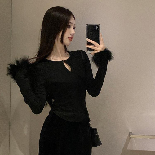 DeRong hollow brushed plus velvet T-shirt for women winter new style slim short long-sleeved inner wear