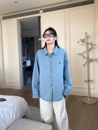 Wang Girl's Shop Blue Washed Denim Shirt 2023 New Hong Kong Style Retro Loose Cardigan Lapel Jacket