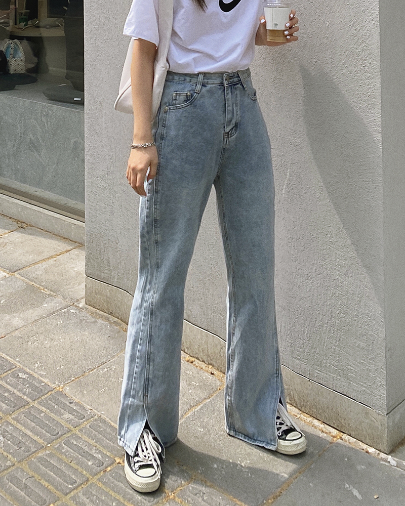 Actual shot of 2024 spring and summer new model Hyuna floor-length slit high-waisted versatile loose straight wide-leg denim trousers for women