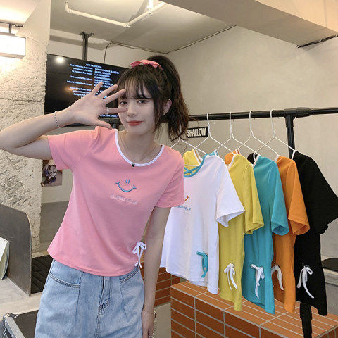 春季2023新款韓版短款糖果色刺繡笑臉短袖T恤上衣女學生