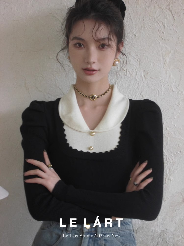 法式設計感假兩件撞色娃娃領針織衫女秋冬小眾修身短款上衣