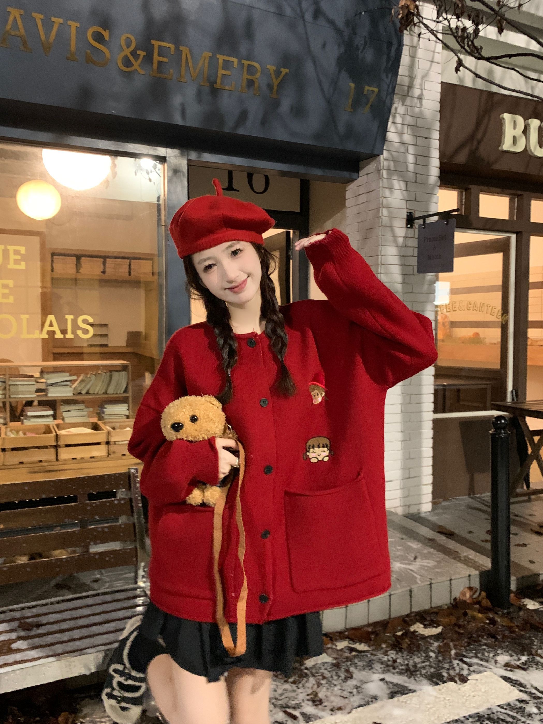 秋冬韓系本命年紅色聖誕趣味刺繡軟糯針織開衫毛衣女寬鬆外套