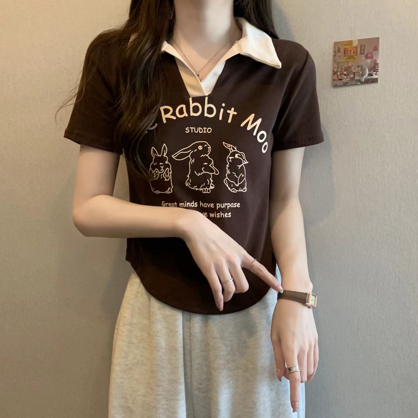 250克螺紋 短袖t恤女夏季修身顯瘦印花正肩短款上衣