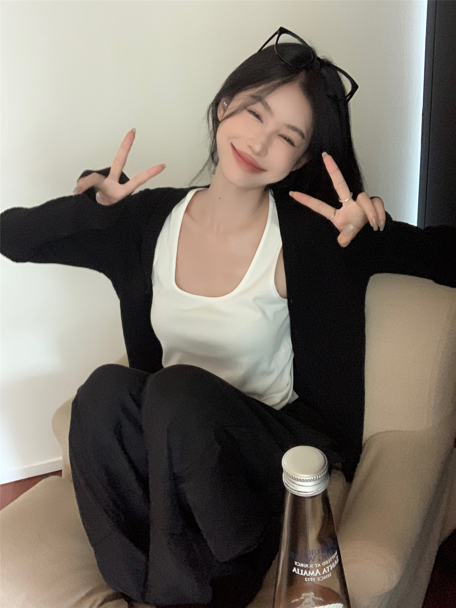 實拍~U領吊帶背心修身顯瘦外穿打底上衣開衫銅氨絲長褲三件套
