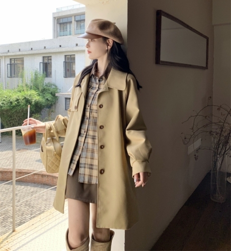 Actual shot of new autumn and winter Korean style casual mid-length loose khaki windbreaker jacket for women