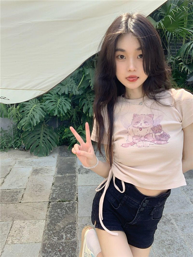 Ice silk thread 2023 summer design drawstring cat print short T-shirt for women