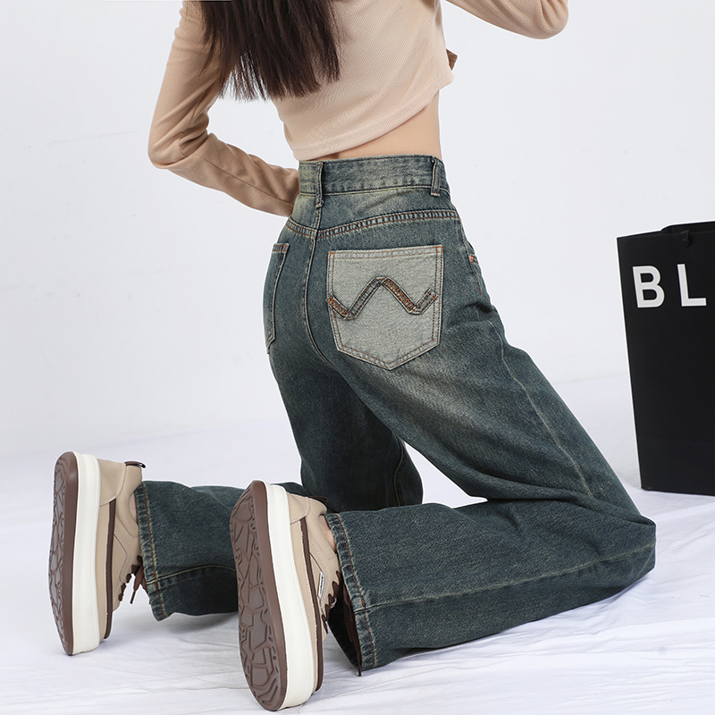 實拍 高腰闊腿牛仔褲女2024年新款春季寬鬆窄版直筒拖地褲子