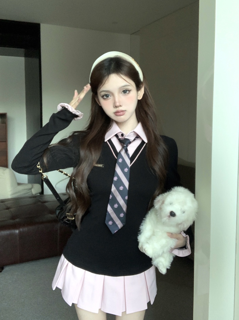 Actual shot of Korean style slimming mid-length fake two-piece sweet and spicy student long-sleeved inner dress
