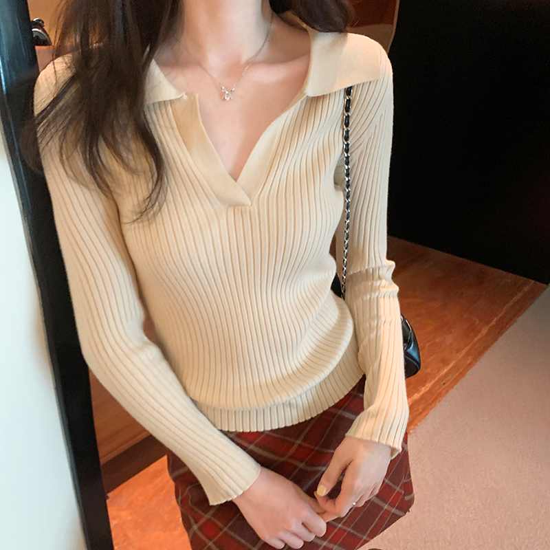 實拍圖復古氣質Polo領短款紅色針織衫女秋冬2023新款緊身打底衫