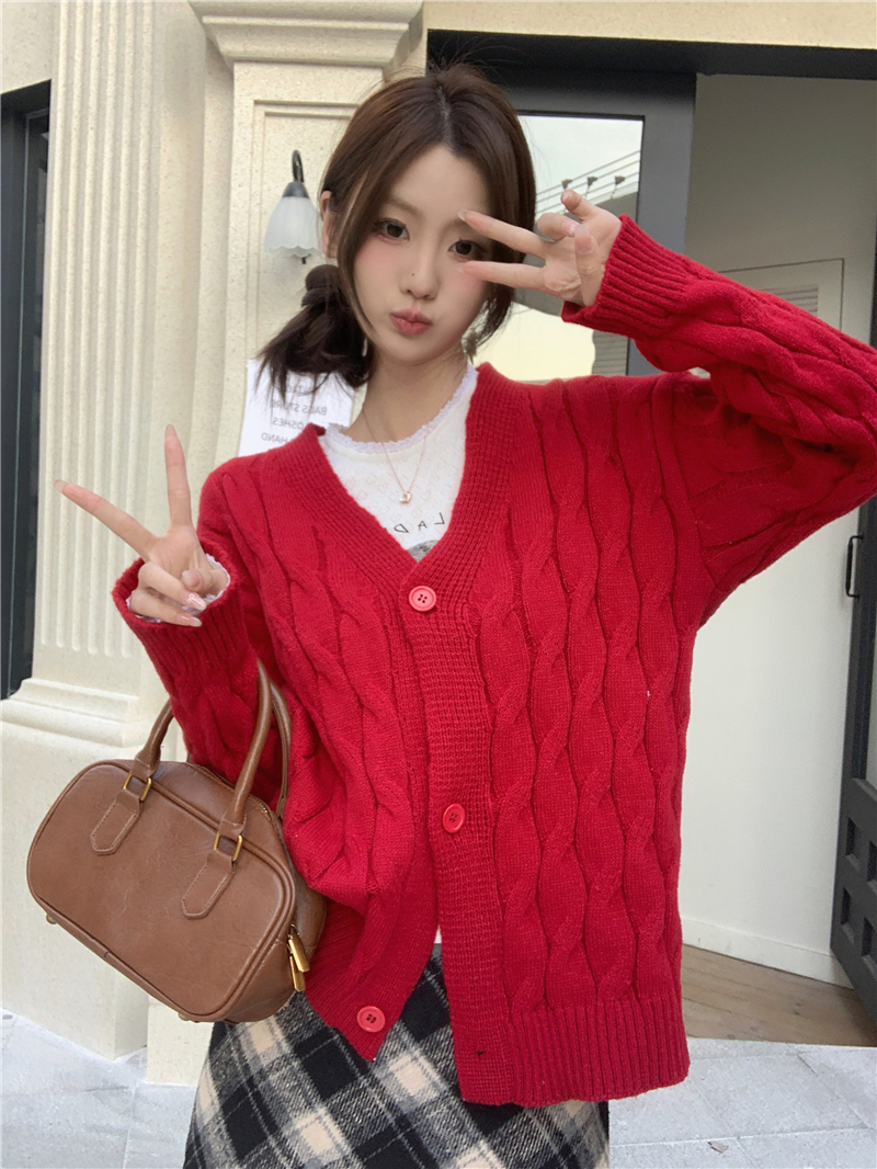 實拍~紅色麻花毛衣外套女2023新款秋冬寬鬆慵懶上衣