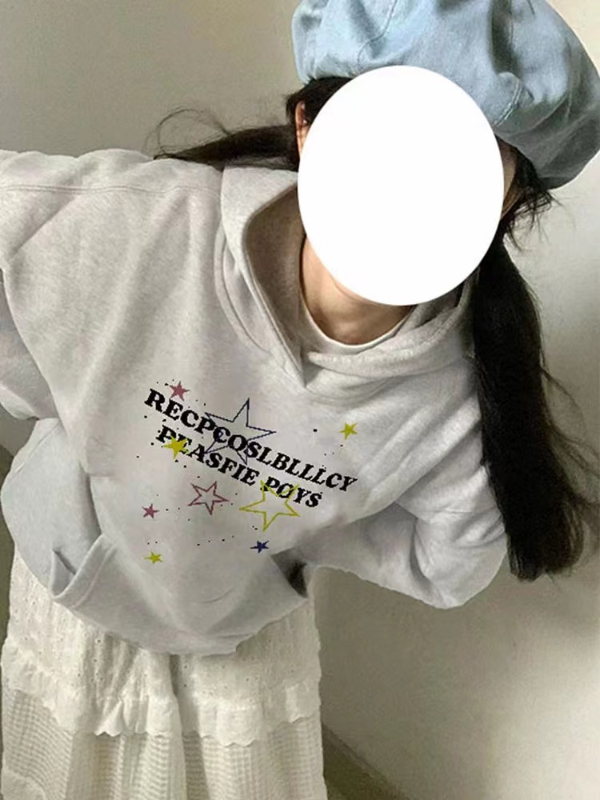 美式復古星星字母印花加絨連帽衛衣女秋冬寬鬆休閒情侶套頭帽衫潮