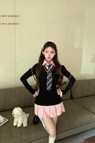 Actual shot of Korean style slimming mid-length fake two-piece sweet and spicy student long-sleeved inner dress
