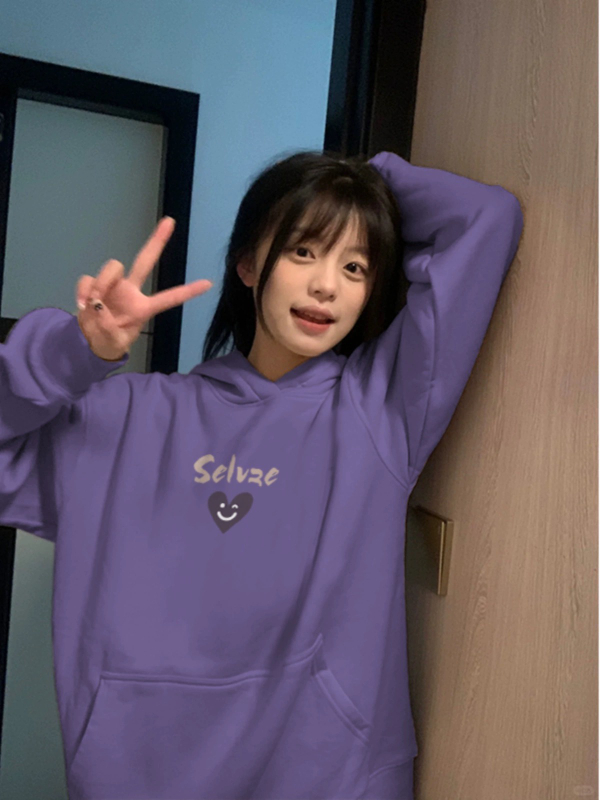 小眾設計感愛心笑臉加絨連帽衛衣女上衣秋冬新款加厚寬鬆套頭上衣