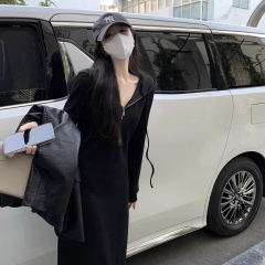 French black hooded long-sleeved hoodie dress, 2024 spring new women's knit drape long dress for spring and autumn