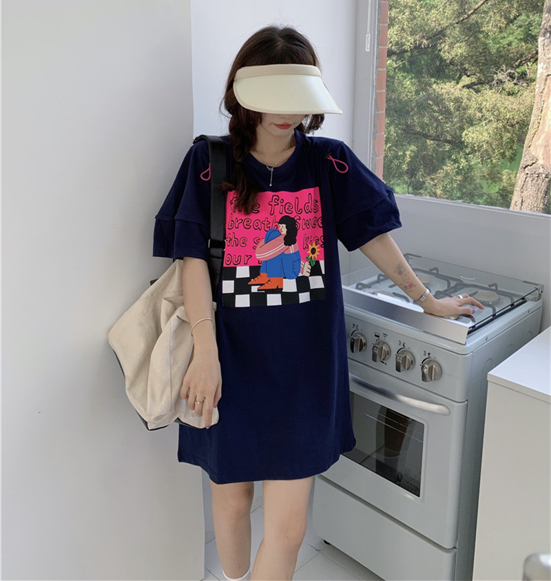 抽繩設計感短袖T恤女夏季韓版2023新款寬鬆中長款別致炸街上衣潮