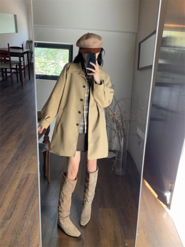 Actual shot of new autumn and winter Korean style casual mid-length loose khaki windbreaker jacket for women