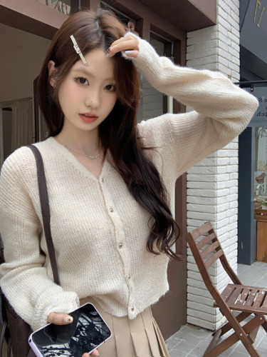 Real shot of autumn and winter new Korean style knitted sweater solid color versatile cardigan top