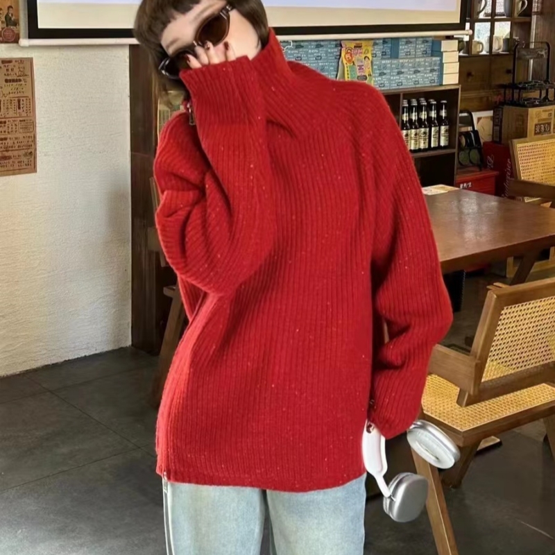 不規則拉鏈高領毛衣開衫外套女冬季日系慵懶風復古加厚針織衫上衣
