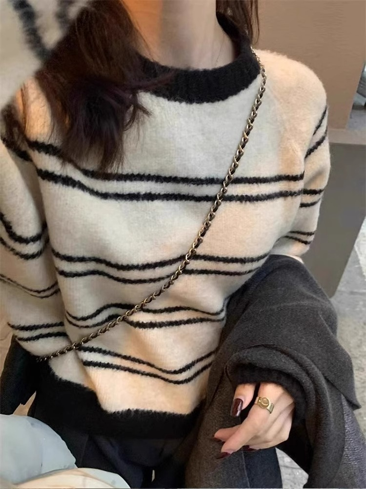 軟糯牛絨圓領套頭條紋撞色毛衣女冬季秋冬外穿內搭打底羊毛針織衫
