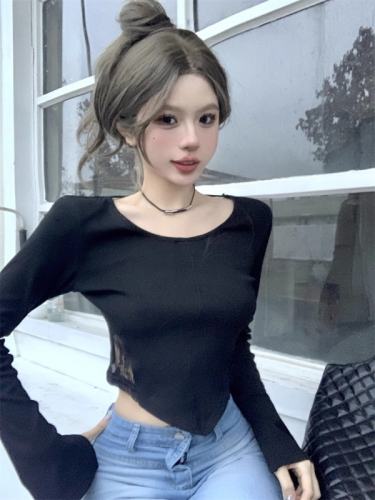 Pure Desire Hot Girl Lace Splicing Irregular Short T-shirt Women's Autumn and Winter  New Slim Fit Bottoming Top