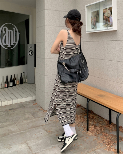 Actual shot Spring~2024 Korean style striped slit knitted dress for women loose slimming long skirt
