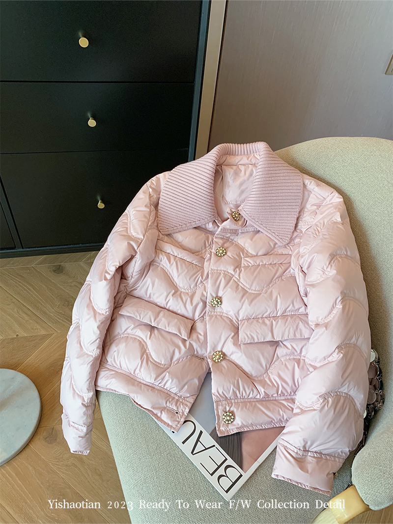 Pink small fragrant lapel short cotton coat for women 2023 winter fashion sweet temperament warm quilted cotton coat