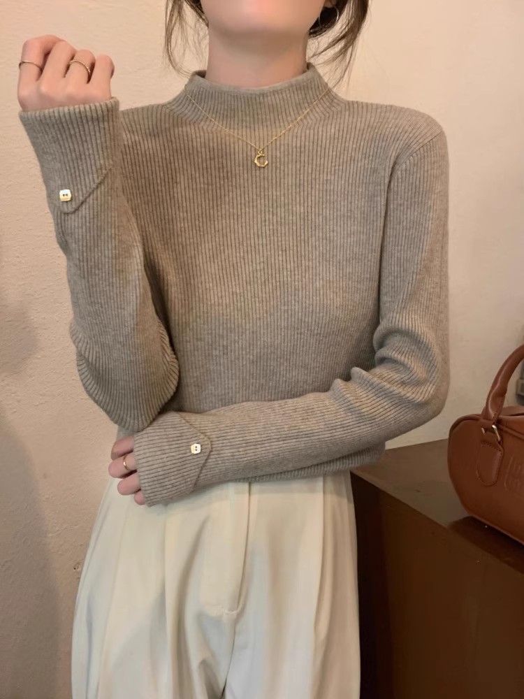 咖色半高領針織打底衫女秋冬修身內搭東莞大朗毛衣美拉德義烏上衣