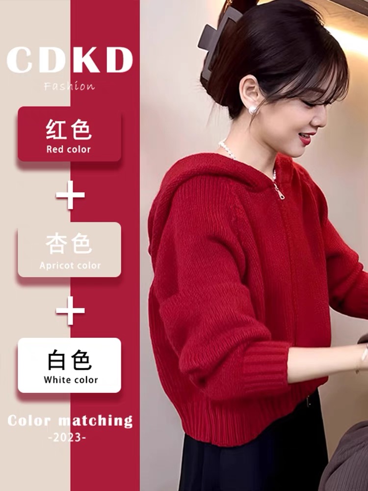 毛衣女秋冬季新款龍年本命年衣服慵懶風紅色雙拉鏈上衣