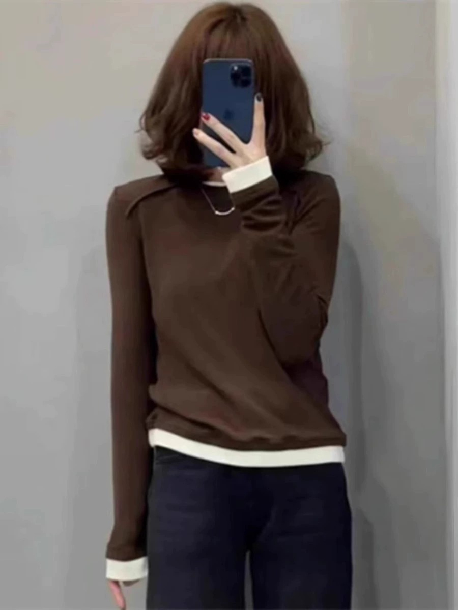 280g threaded German velvet 2024 spring, autumn and winter new long-sleeved fake two-piece slim T-shirt for women with design sense