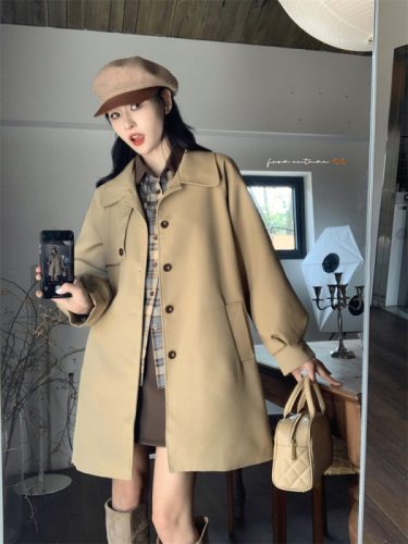 Actual shot of new autumn and winter Korean style casual mid-length loose khaki windbreaker jacket for women