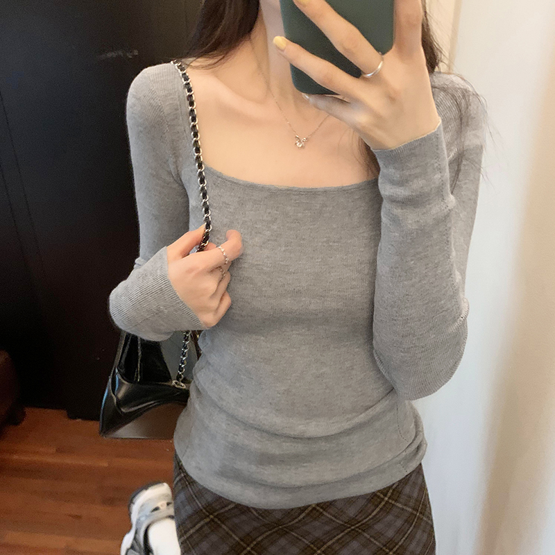 實拍圖方領長袖T恤女秋2023新款修身顯瘦辣妹打底衫百搭螺紋上衣