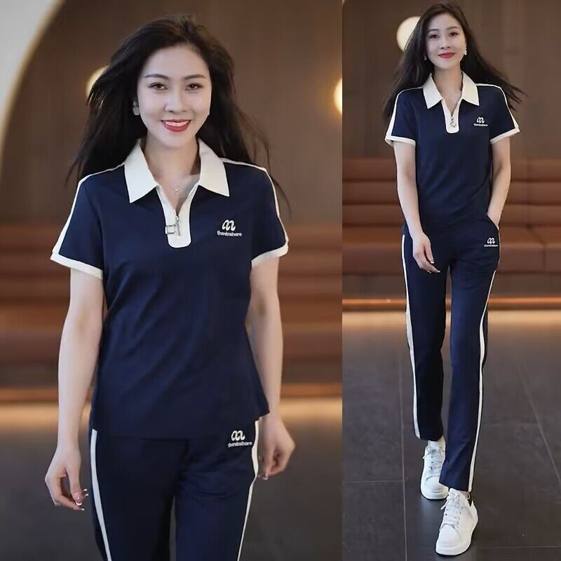 薄款翻領短袖休閒套裝女2023年夏季新款時尚簡約洋氣運動服兩件套