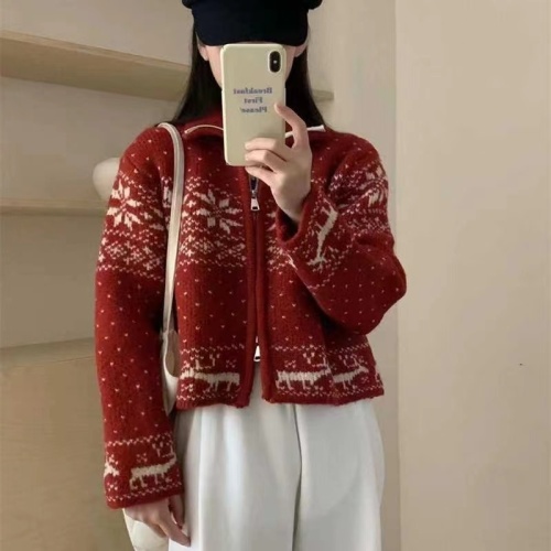 Turtleneck sweater for women winter 2023 new Fair Isle lazy style jacquard zipper sheep cashmere knitted cardigan top