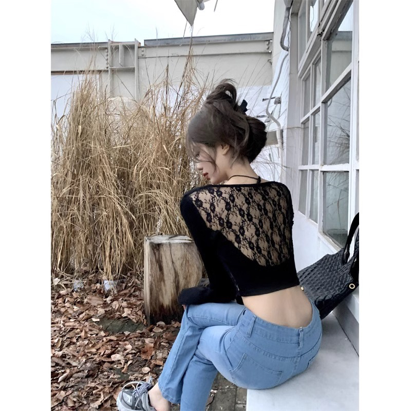 Pure Desire Hot Girl Lace Splicing Irregular Short T-shirt Women's Autumn and Winter 2023 New Slim Fit Bottoming Top
