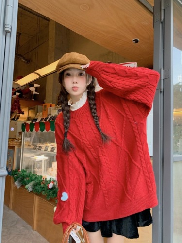 Actual shot of New Year’s red twist sweater for women, loose lazy style thickened sweater for outer wear + scarf