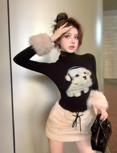 Puppy print high-neck long-sleeved T-shirt for women in autumn and winter American hot girl black tight-fitting slim inner layering shirt top