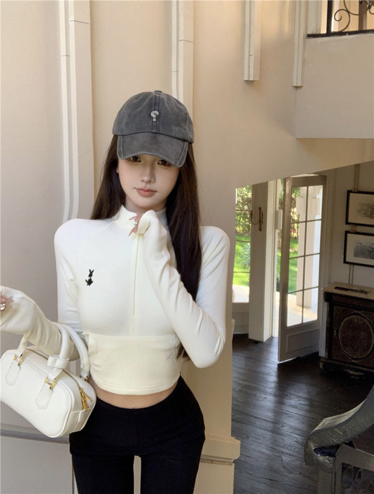 DeRong Hot Girl Slim Fit Half-Zip Stand Collar Long Sleeve T-Shirt Women's Autumn Korean Style Short Versatile Fashionable Clothes