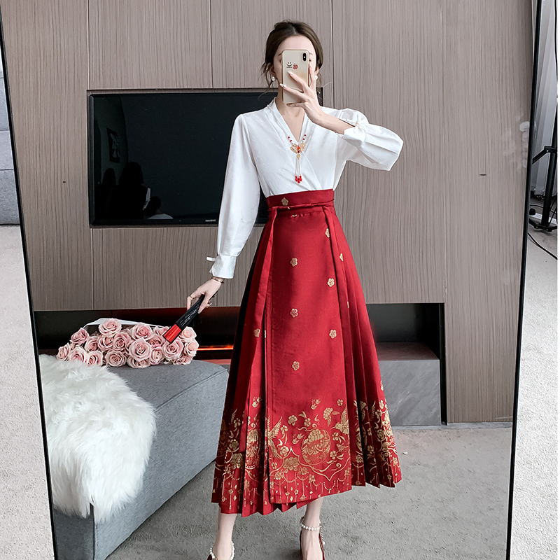 實拍馬面裙敬酒服新娘酒紅色高級感中式訂婚長袖結婚禮服裙四季款