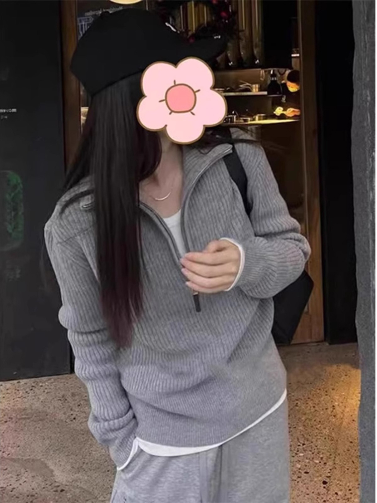 2023新款慵懶風灰色半拉鏈高領毛衣女秋冬內搭打底衫加厚針織上衣
