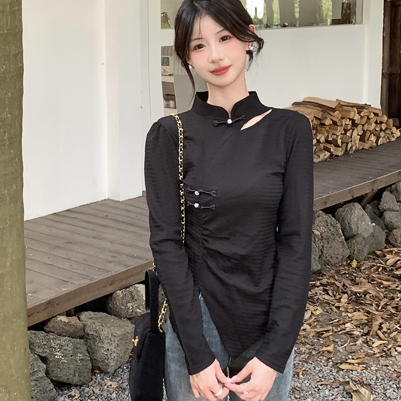 Real shot of high-end new Chinese style national style long-sleeved T-shirt for women in spring and autumn retro slim inner top