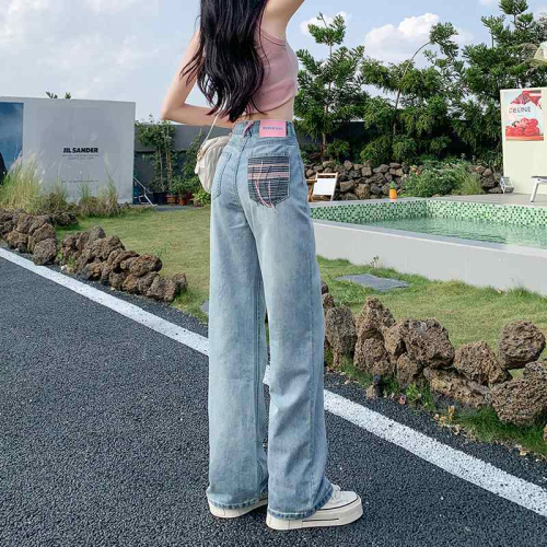 浅色韩版牛仔裤女装夏季新款高腰设计感口袋阔腿裤子直筒拖地长裤